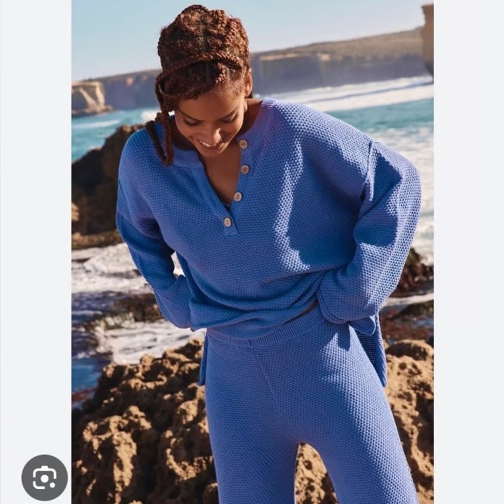 Free People Sky Blue Waffle Knit Sweater & Pants Set